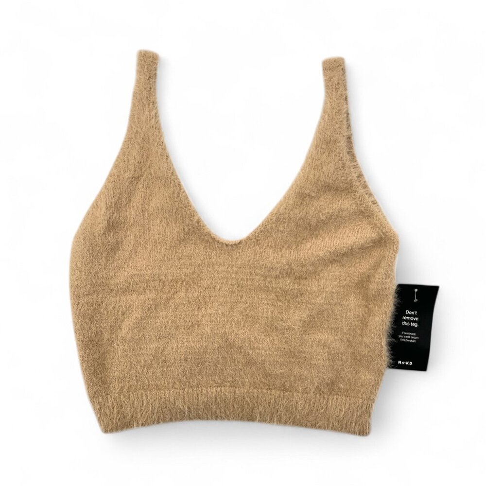 Anna Briand XNAKD Beige Fuzzy Knit Singlet Sleeveless Pullover Crop Top Medium